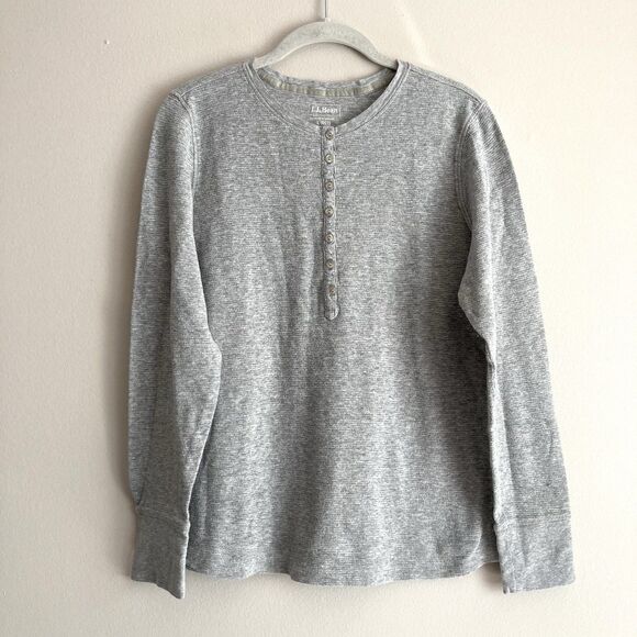 LL Bean Henley Waffle Knit Top Womens Size Large Long Sleeve Base Layer Top Gray - Picture 1 of 8